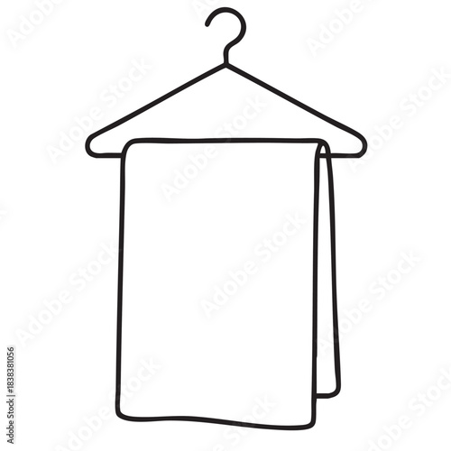 A simple line drawing depicts a white towel neatly folded and hanging on a metal wire hanger