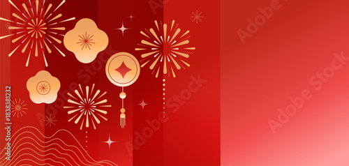 Minimalist Chinese background with flowers, Feig Shui lucky coin and fireworks
