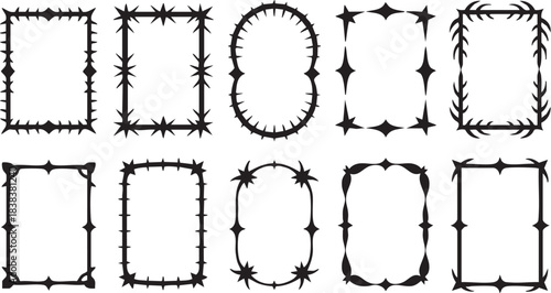 Gothic game frame set, vector fantasy medieval border, vintage tribal symmetry mystic design element. UI dark mystery menu, magic RPG antique arch swirl ornament print. Spike gothic frame collection