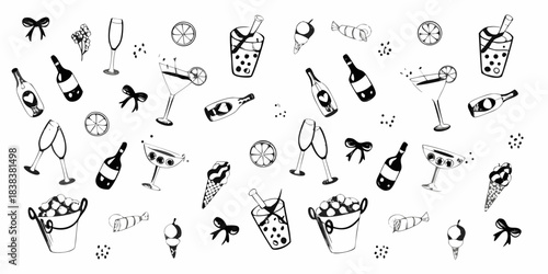 A black and white pattern of champagne cocktails and fruity refreshment items