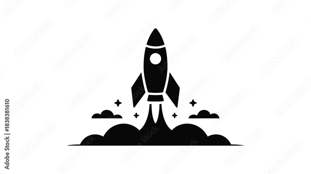 Αυτοκόλλητο Black silhouette of a rocket launching into space with clouds and stars