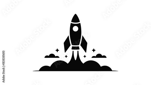 Black silhouette of a rocket launching into space with clouds and stars