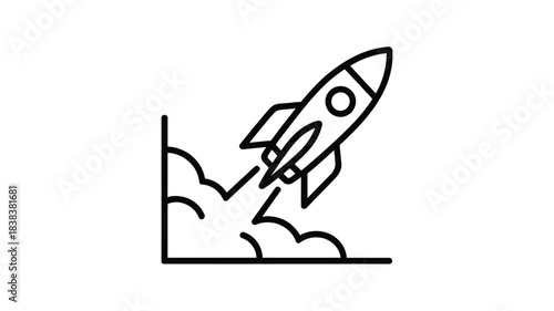 Simple line art illustration of a rocket launching upwards with smoke clouds from a launchpad
