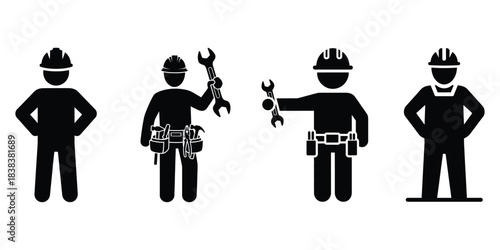 Vector silhouette of four black silhouette icons of construction workers and mechanics