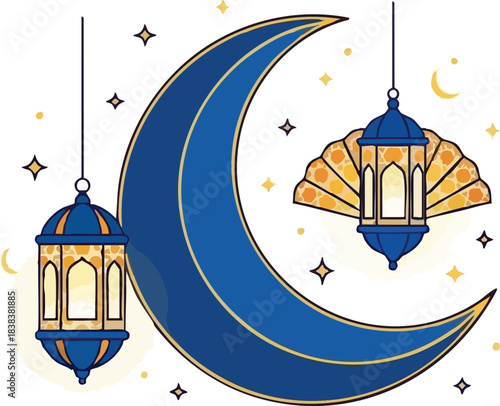 Blue crescent moon flanked by two hanging ornate lanterns and scattered stars