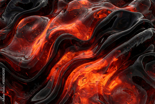 Hot molten lava flow texture. Abstract background of glowing red and orange magma with a cooling, dark, and solidifying volcanic rock crust.