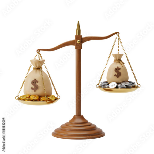 Classic wooden balance scale tipping under the weight of money bags showing wealth inequality and financial comparison
