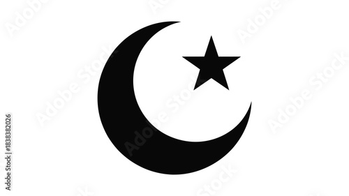 Black crescent moon and star symbol on white background islamic symbolism