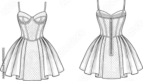 Detailed corset mini dress fashion illustration showcasing structured bodice, flared skirt, zipper back design, elegant technical sketch vector artwork.