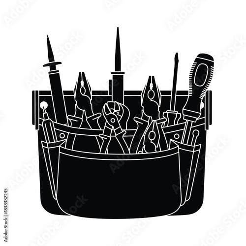 Vector silhouette of tool pouch silhouette with assorted hand tools