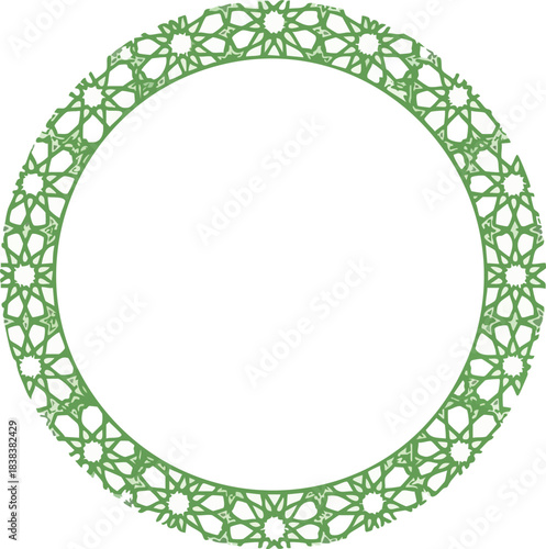 Circular green border featuring an intricate Islamic geometric star pattern on white