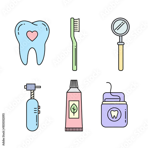 Dental hygiene essentials: Maintaining a healthy smile with basic oral care equipment icons