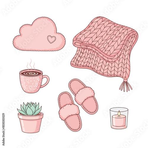 Aesthetic arrangement of relaxation items, offering cozy comfort and gentle hues, inducing calm