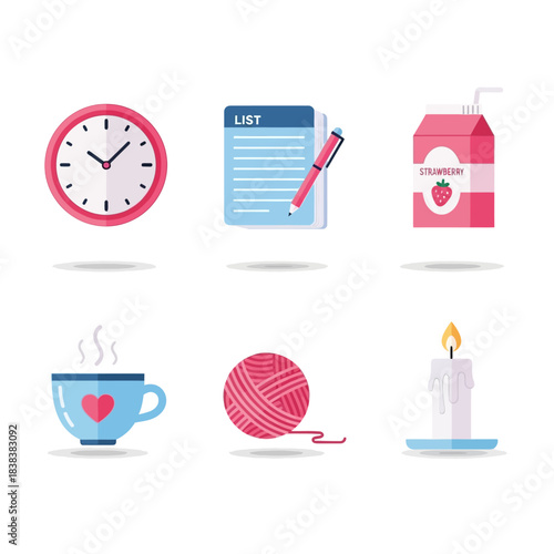 Collection of flat design icons representing everyday objects and activities illustrating daily