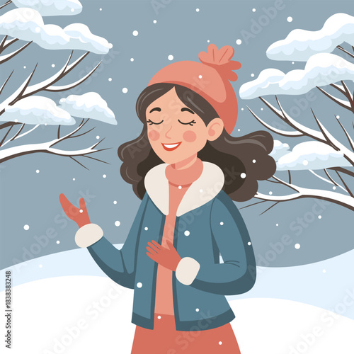 Happy woman enjoying winter snowfall. Christmas and New Year card illustration.