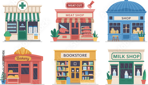 Storefront icon set, illustrated shop graphics, retail building collection, community business design, colorful market facade illustrations