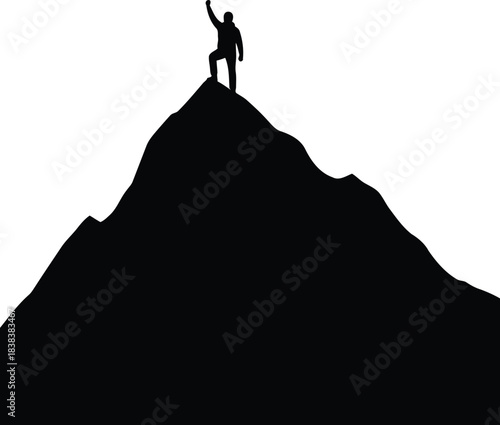 Silhouette of a person standing triumphantly on a mountain peak, symbolizing achievement and success