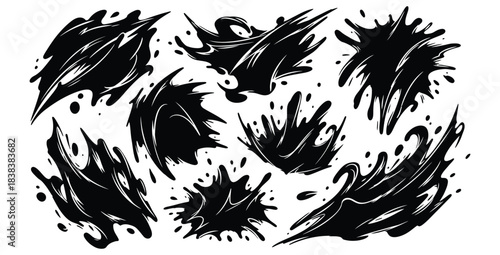 Collection of dynamic black ink splashes and splatters perfect for grunge or comic book design elements