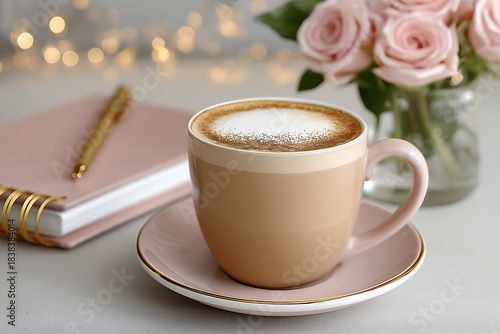 Coffee cup with frothy latte art sits on a saucer beside a pink notebook and a bouquet of roses, creating a cozy and inviting atmosphere for relaxation and inspiration