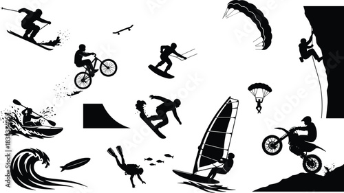 Action Sports and Outdoor Adventure Silhouettes Collection: Kayaking, Skiing, Motorcycling, Diving, Windsurfing, Paragliding, Skateboarding, and Snowboarding Lifestyle Vector Set
