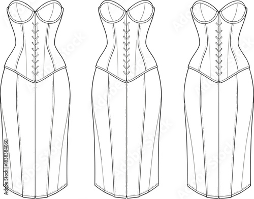 Elegant corset evening dress fashion illustration with structured bodice, detailed seams, garment templates, and vector outlines for professional design presentation.