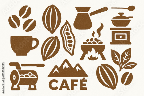 Peruvian coffee and cocoa icon set flat vector illustration with traditional motifs in tight grid layout