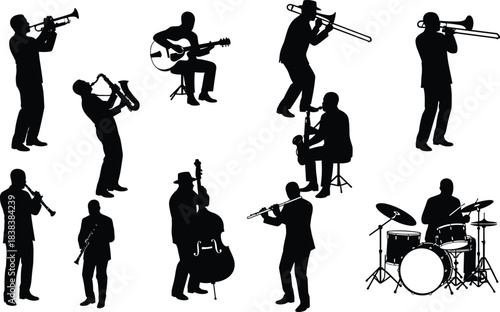 Jazz Band Musicians Silhouettes Playing Instruments: Trumpet, Saxophone, Trombone, Flute, Clarinet, Guitar, Bass, Drums, Isolated Vector Collection