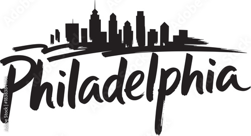 Philadelphia city skyline abstract vector illustration with brushstroke buildings and script typography