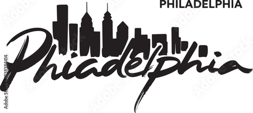 Philadelphia skyline lettering hand drawn grunge silhouette panorama template brush stroke design