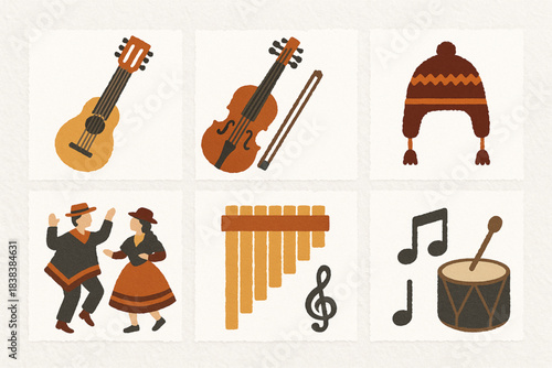Andean Huayno music icon set flat vector illustration with traditional motifs in structured grid layout