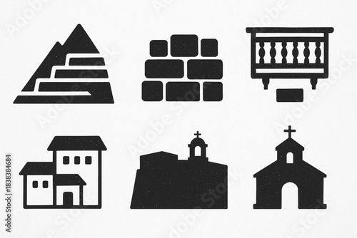 Peruvian architecture icon set flat vector illustration with traditional motifs in structured grid layout