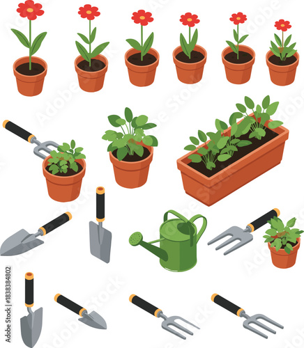 Gardening vector illustration with potted plants, planter box, flowers, and hand tools showing growth stages and plant care process.