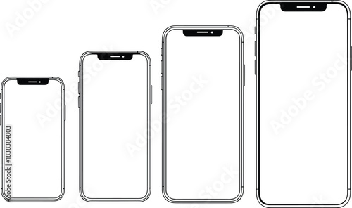 Minimalist black and white smartphone lineup illustration showing device size comparison for UI design, tech marketing, and mobile interface concepts.