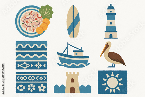 Peruvian coastal culture vector icons in torn textured grid on white background