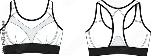 Women's sports bra technical fashion sketch, racerback activewear garment CAD drawing, flat vector illustration, apparel design template, supportive clothing blueprint for designers