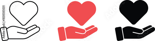 Three hand holding heart icons in black, red, and outline styles symbolizing care, love, support, charity, and emotional wellness.