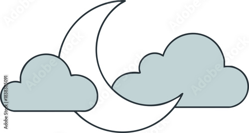 Stylized crescent moon partially obscured by two light bluegray clouds