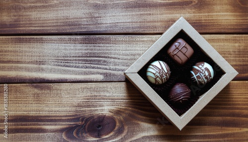 高級チョコレートの詰め合わせと木目の背景
