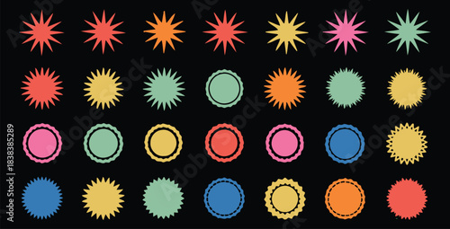 Collection of colorful retro starburst and seal badge shapes isolated on a solid black background