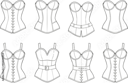 Elegant corset top vector illustration set featuring detailed lingerie silhouettes, structured seams, belts, lacing designs, and fashionable garment templates for designers.