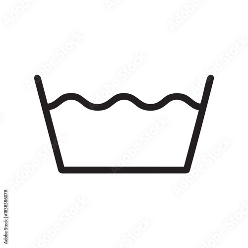 A simple black and white line drawing depicts a tub or basin filled with wavy lines representing water