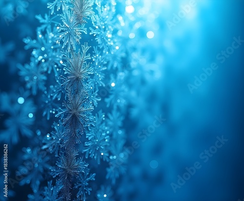 Close-Up of Ice Crystals on Frosted Windowpane with Blue Backlight