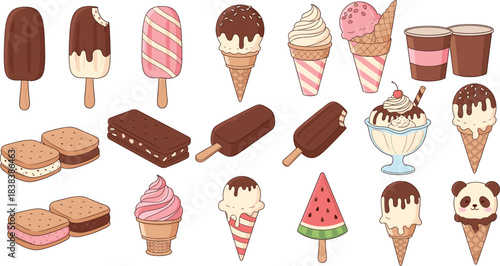A large, colorful vector collection of frozen summer desserts including popsicles, ice cream cones, sandwiches, scoops, and sundaes, in various sweet flavors and toppings