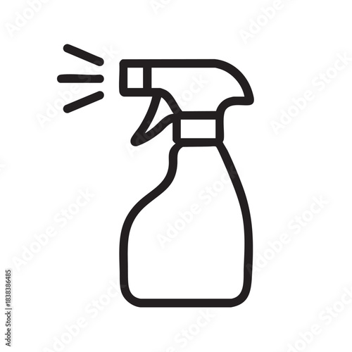 Simple black and white line drawing depicting a spray bottle with liquid emitting from its nozzle