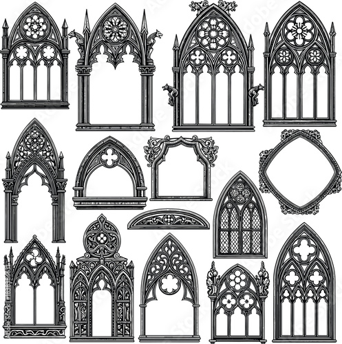 Collection of intricate gothic architectural window designs and frames