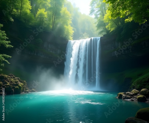 Majestic Waterfall Cascading into Turquoise Pool, Lush Green Forest Surroundings