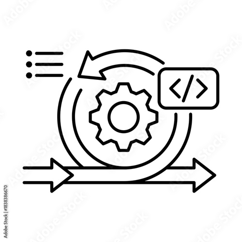 Agile Development Icon. Gear with AI Chip. Iterative Project Management and Fast-Paced Development Process with AI for Efficiency and Flexibility. Vector Icon.