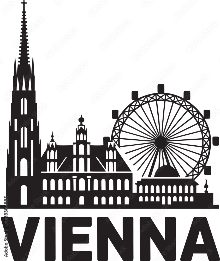 Εκτύπωση καμβά Black and White Silhouette of Vienna Austria Skyline Featuring Travel Destinatio