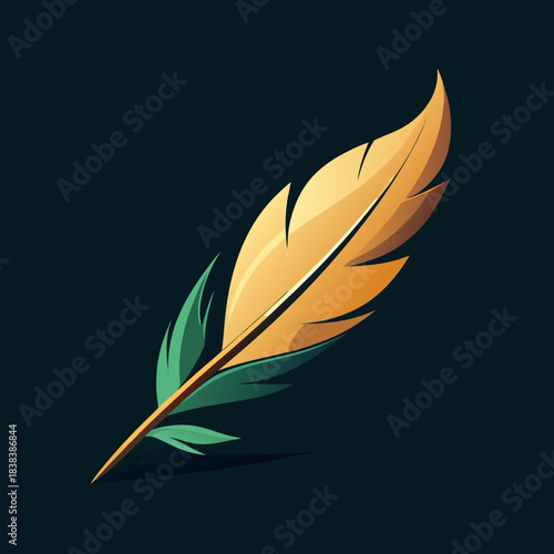 Elegant golden feather with green accents on a dark background