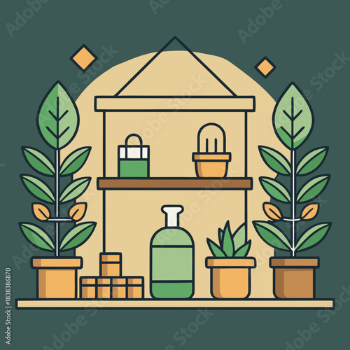 Cozy indoor plant shelf with various potted plants and gardening supplies